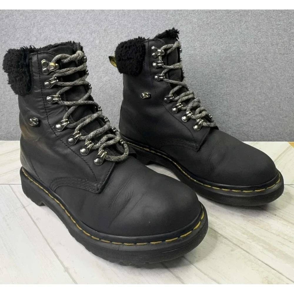 Dr. Martens 1460 Serena Collar Faux Fur Lined Boots Women's 9 Black Combat Lace‎